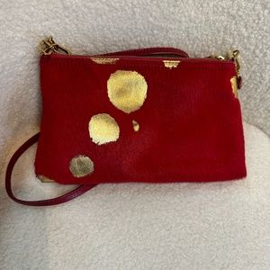 HOBO‎ - Darcy Baguette Bag Wristlet Purse Leather  Red and Gold Leaf Pol…